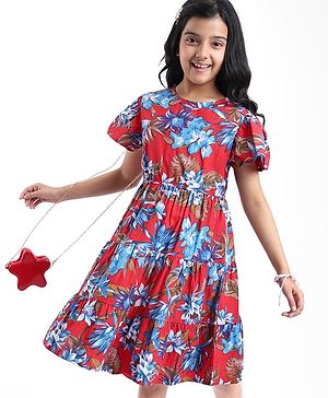Pine Kids Poplin Woven Half Sleeves Frock with Floral Print - Red