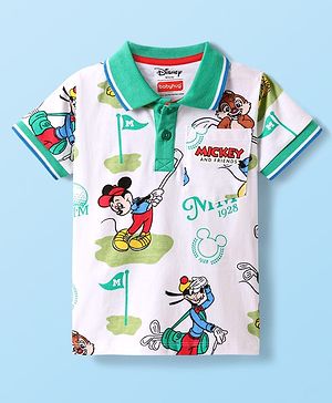 Babyhug Disney Single Jersey Knit Half Sleeves Polo T-Shirt With Mickey Mouse Graphics - White
