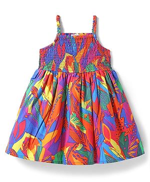 Babyhug Cotton Knit Sleeveless Frock With Leaf Print & Smocked Detailing - Multicolor