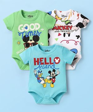 Babyhug Disney Interlock Knit Half Sleeves Onesies With Mickey Mouse Graphics Pack Of 3 - Light Blue Light Green & White
