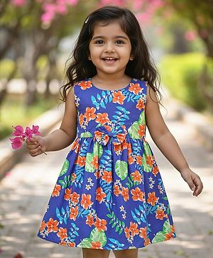 Babyhug Cotton Knit Sleeveless Frock With Bow Applique & Floral Print - Blue