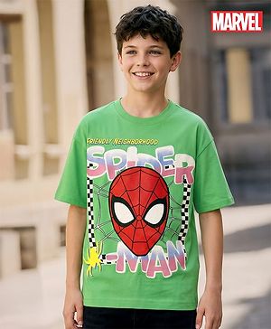 Pine Kids Marvel Terry Knit Half Drop Shoulder Sleeves Oversized T-Shirt with Spider Man Graphics - Green