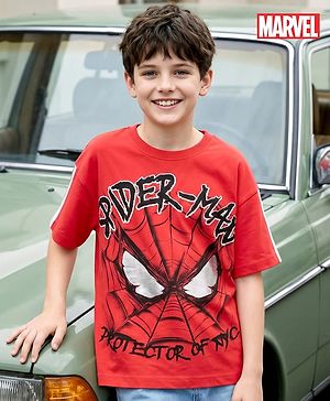 Pine Kids Marvel Terry Knit Half Drop Shoulder Sleeves Oversized T-Shirt with Spider Man Graphics - Red