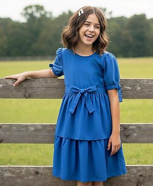 Pine Kids Poplin Woven Half Puffed Sleeves Solid Color Layered Frock with Fabric Belt - Blue