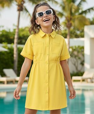 Pine Kids Cotton Woven Half Sleeves Solid Shirt Style Frock - Golden