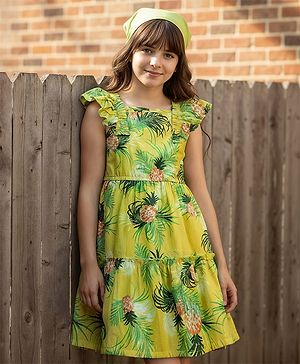 Pine Kids Cotton Woven Frill Sleeves Frock with Tropical Print - Limegreen