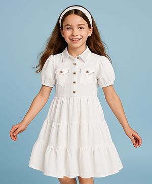 Pine Kids Cotton Woven Half Puffed Sleeves Solid Color Collared Frock - White