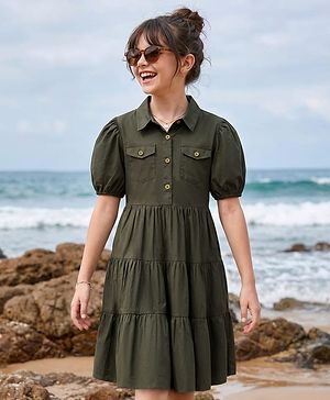 Pine Kids Cotton Woven Half Puffed Sleeves Front Open Solid Collared Dress - Olive Green