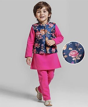 Babyhug Woven Full Sleeves Kurta Pyjama Set With Floral Printed Jacket - Fuchsia