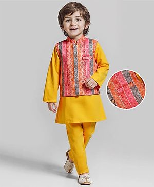 Babyhug Woven Full Sleeves Kurta Pyjama Set With Printed Jacket - Mustard