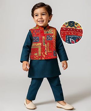 Babyhug Woven Full Sleeves Ethnic Motif Printed Kurta Pajama Set with Jacket & Sequin Detailing - Navy Blue