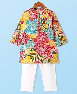 Babyhug Woven Full Sleeves Kurta Pyjama Set with Floral Print - Yellow & White