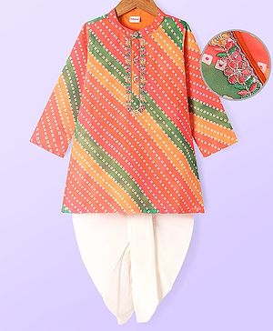 Babhug Woven Full Sleeves Bandhani Printed Dhoti Kurta Set with Floral Embroidery - Red & Orange