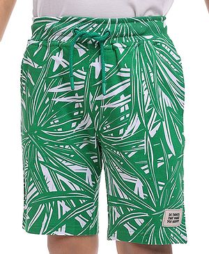Pine Kids Looper Knit Above Knee Length Shorts With Leaf Print - Green