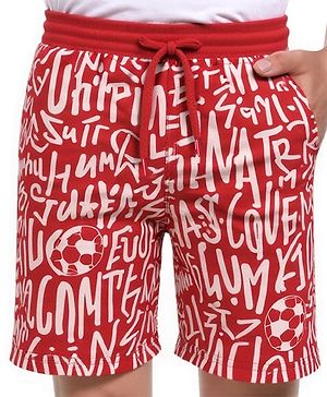 Pine Kids Looper Knit Above Knee Length Shorts with Play Text Print - Red