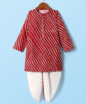 Babyhug Woven Full Sleeves Leheriya Kurta Dhoti Set With Foil Print - Red & White