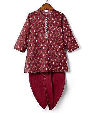Babyhug Woven Full Sleeves Kurta Dhoti Set With Kolka Motif Print - Marroon