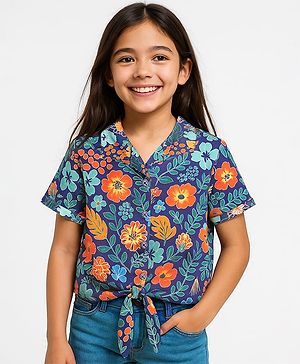 Pine Kids Woven Half Sleeves Shirt Style Top with Floral Print & Knot Detailing - Navy Blue