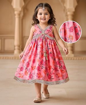 Babyhug Cotton Cambric Woven Sleeveless Floral Printed Ethnic Dress with Tassle & Sequin Detailing - Pink