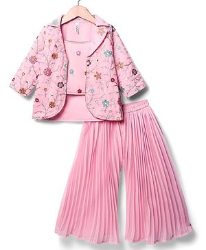 Babyhug Woven Three Fourth Sleeves Top & Palazzo Set with Floral Embroidered Jacket and Lace Detailing - Pink