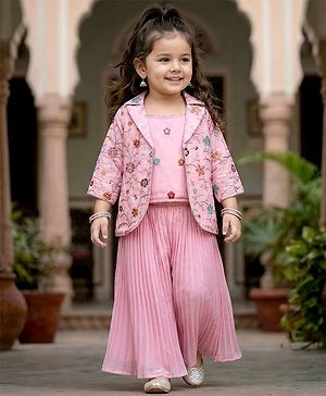 Babyhug Woven Three Fourth Sleeves Top & Palazzo Set with Floral Embroidered Jacket and Lace Detailing - Pink