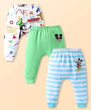 Babyhug Disney Interlock Knit Diaper Leggings With Mickey Mouse Graphics Pack of 3 - White Green & Light Blue