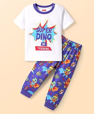 Babyhug Cotton Knit Half Sleeves Night Suit with Dino Print - White & Blue