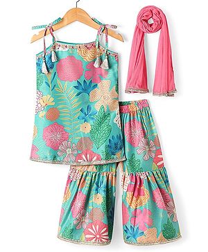 Babyhug Woven Singlet Sleeves Floral Printed Kurti Gharara Set with Dupatta - Mint Green