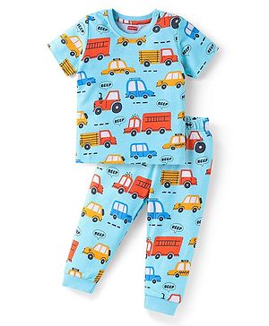 Babyhug Cotton Knit Half Sleeves Co-ords Night Suit with Vehicle Print - Light Blue