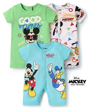 Babyhug Disney Interlock Knit Half Sleeves Rompers With Mickey Mouse Graphics Pack Of 3 - Light Blue & White