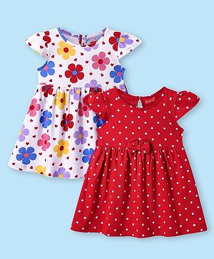 Babyhug Cotton Knit Cap Sleeves Floral & Polka Dot Printed Dresses With Bow Applique Pack of 2 - Red & White