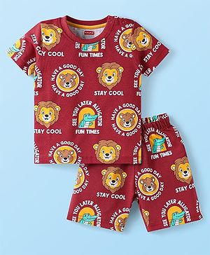Babyhug Cotton Knit Half Sleeves Co-Ords Shorts Night Suit Bear Print - Maroon