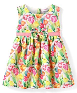 Babyhug Woven Sleeveless Frock with Floral Print & Bow Applique - Light Green & Pink