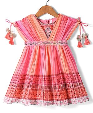 Babyhug Woven Sleeveless Floral Printed & Embellished Ethnic Dress - Orange