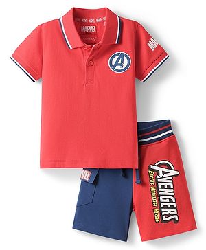 Babyhug Marvel Single Jersey Knit Half Sleeves Polo T-Shirt & Shorts Set With Avengers Graphics - Red & Blue