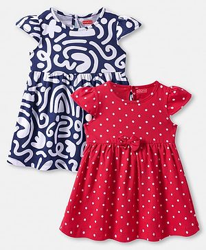 Babyhug Single Jersey Knit Cap Sleeves Polka Dot Printed Dresses With Bow Applique Pack of 2 - Red & White