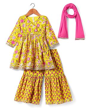 Babyhug Cotton Woven Three Fourth Sleeves Kurta & Gharara Set & Dupatta with Floral Print & Lace Detailing - Yellow & Pink