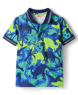 Babyhug Cotton Knit Half Sleeves Polo T-Shirt With Dino Print - Blue