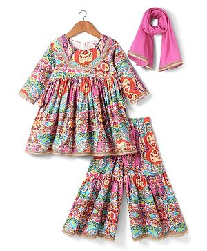 Babyhug Cotton Woven Three Fourth Sleeves Kurta Gharara Set with Floral Print - Pink Yellow & Red