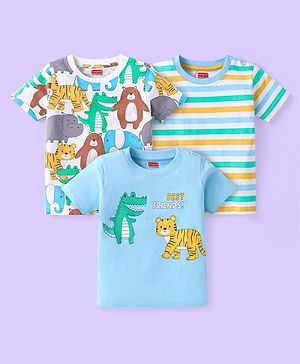 Babyhug Cotton Knit Half Sleeves T-Shirts with Animal Print & Stripes Pack of 3 - Multicolor