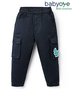 Babyoye Twill Lycra Full Length Solid Coloured Trousers With Dinosaur Embroidery & Side Pockets - Navy Blue