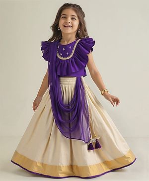 Babyhug Woven Short Sleeves Brocade Pattu Pavada Lehenga Choli & Dupatta Set with Floral Embroidery - Purple & Beige