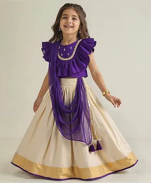 Babyhug Woven Short Sleeves Brocade Pattu Pavada Lehenga Choli & Dupatta Set with Floral Embroidery - Purple & Beige