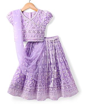 Babyhug Woven Short Sleeves Full Sequinned Detailing  Choli Lehenga & Dupatta Set - Lavender