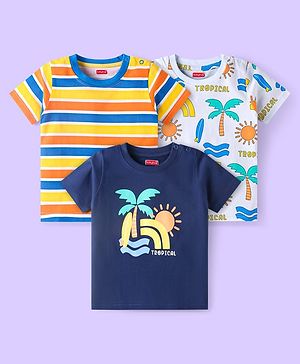Babyhug Cotton Knit Half Sleeves T-Shirts With Stripes & Tropical Print Pack of 3 - Navy Blue White & Yellow