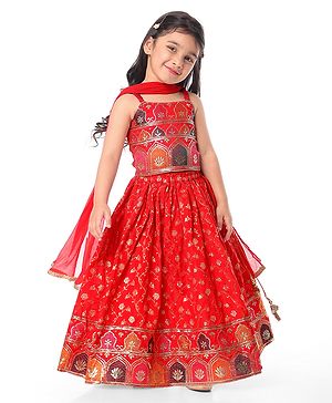 Babyhug Woven Sleeveless Choli  Lehenga and Dupatta Set with Embroidery & Sequin Design - Red