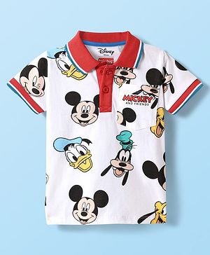Babyhug Disney Single Jersey Knit Half Sleeves Polo T-Shirt With Mickey Mouse Graphics - White & Red
