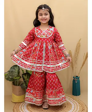Superminis Cotton Three Fourth
                              Sleeves Floral Printed & Gota Lace
                              Embellished Kurta Sharara Set - Red