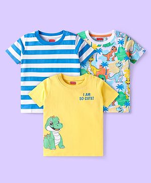 Babyhug Cotton Knit Half Sleeves T-Shirts With Stripes & Dino Print Pack of 3 - Yellow White & Blue