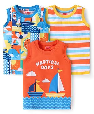 Babyhug Cotton Knit Sleeveless Tank T-Shirts With Nautical Theme Print Pack of 3 - Light Blue Red & Yellow